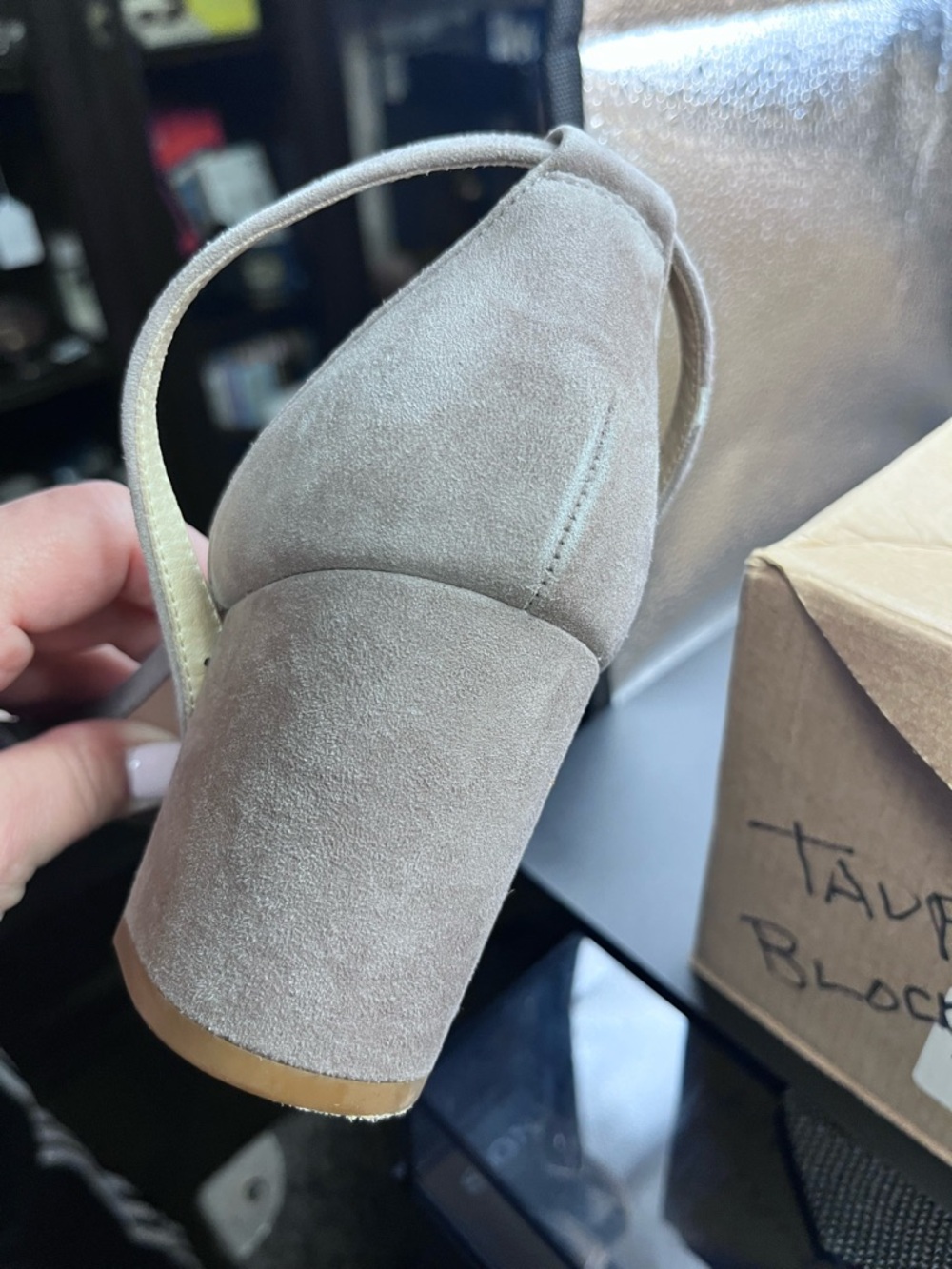 Steve Madden Taupe Suede Block Heel Sandals with Ankle Strap - Picture 6 of 6